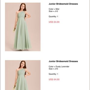 Junior bridesmaids dresses - size 10 lavender & size 12 blue mist.